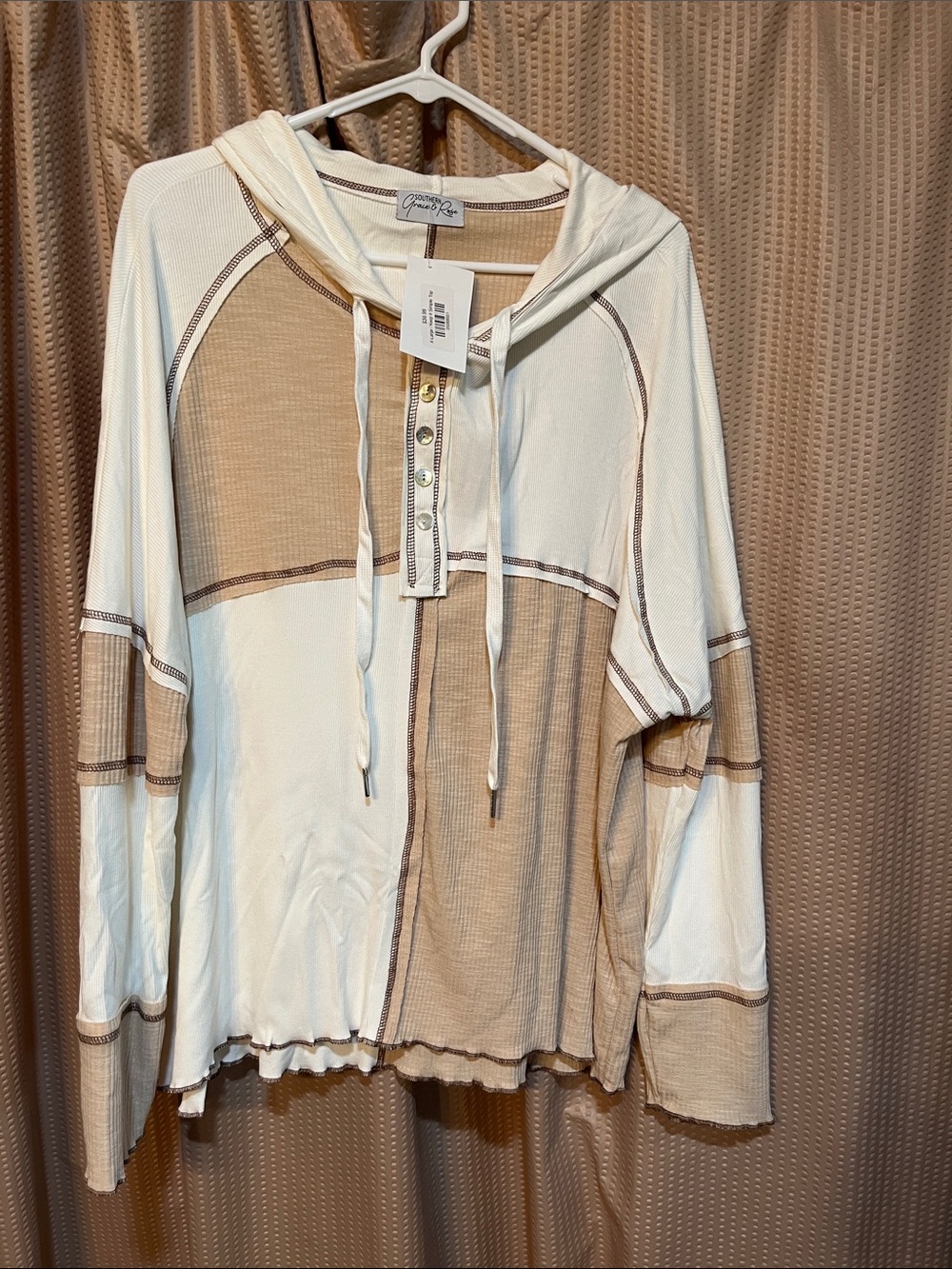 Southern Grace & Rose Cream and Beige Hooded Henley Top